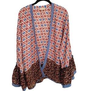 Anthropologie Nalini Cream Blue  Boho Moroccan Indian Print Kimono Cardigan O/S